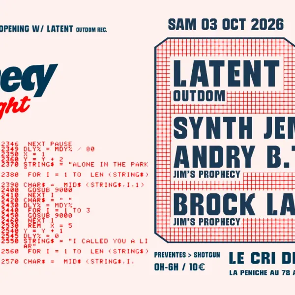 Affiche de l'événement Jim's Prophecy Clubnight Opening W/ Latent - Vinyl Only!